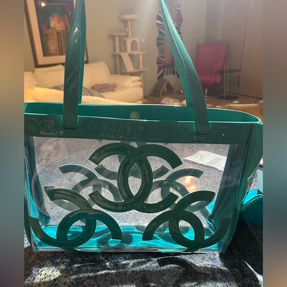 CHANEL triple C’s Teal Transparent Tote - Picture 7 of 10